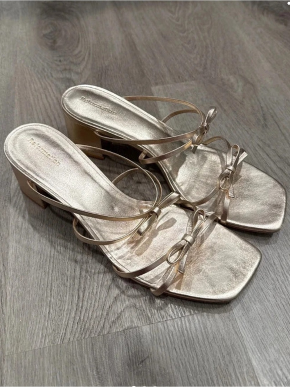 Reformation Metallic Gold Strappy Block-Heel Sandals
